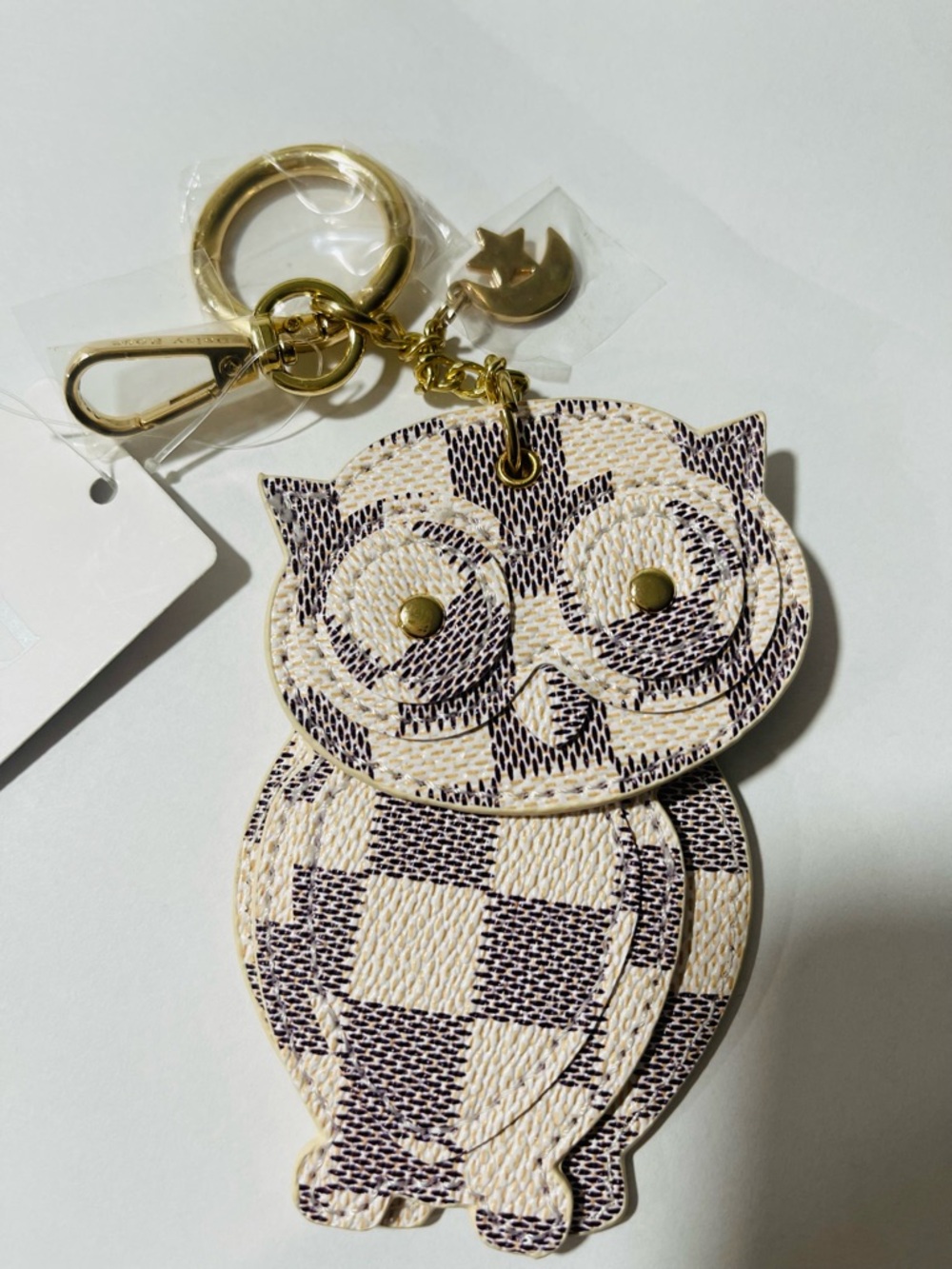 Checkerboard Owl Key & Bag Charm in Beige and Dark Brown